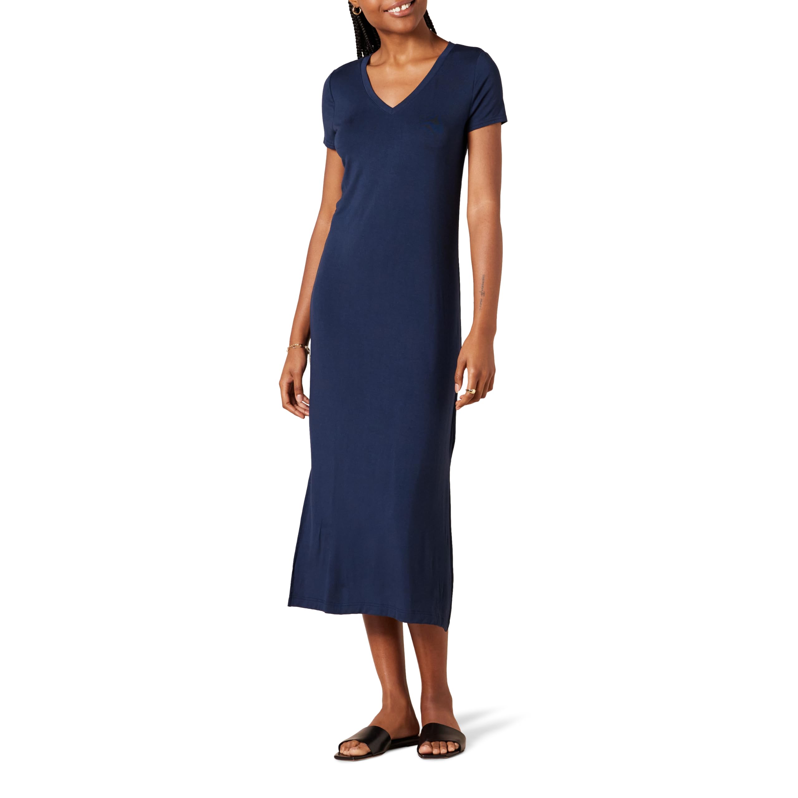 Amazon Essentials Abito Midi a Maniche Corte con Scollo a V in Jersey Donna
