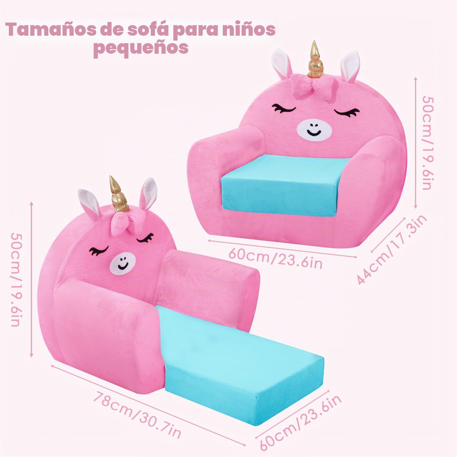 Sofá Plegable para Niños, Suave Cómodo Mini Sofá Infantil 2 en 1,Unicornio Rosa