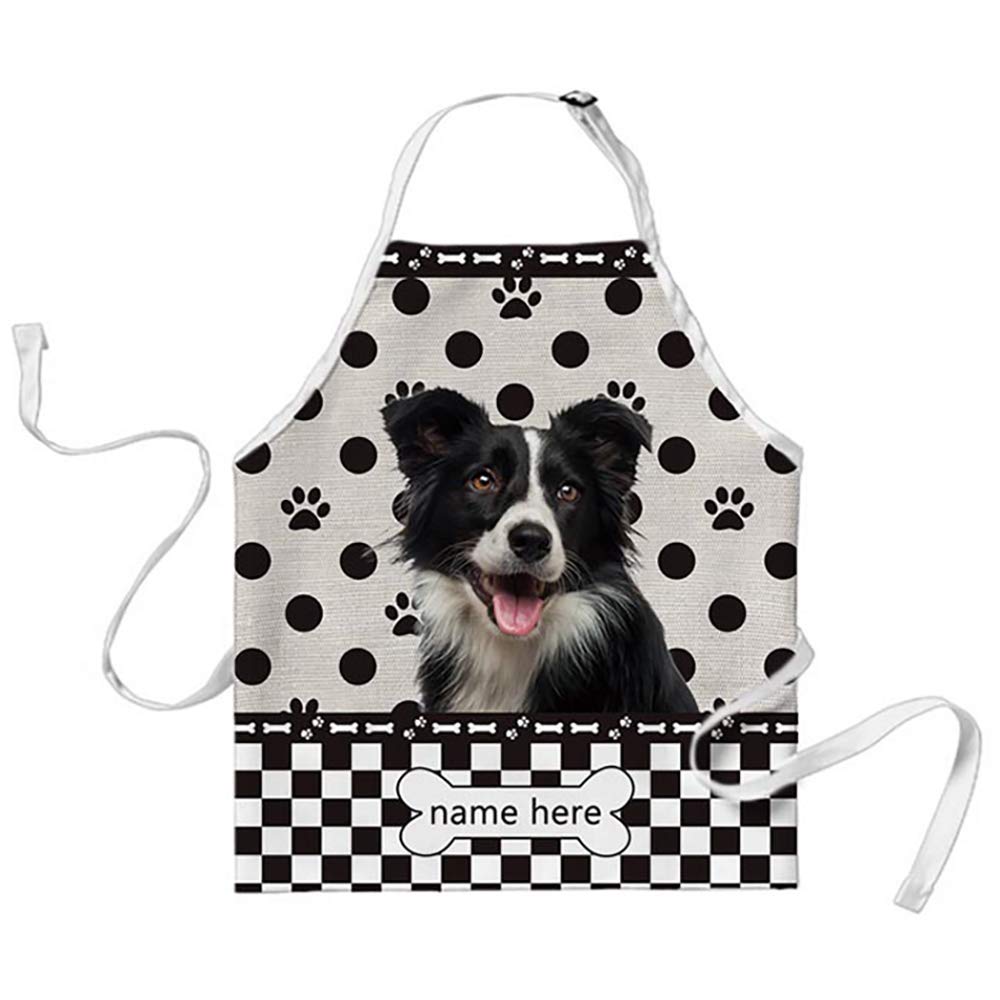 BAGEYOU Personalized Polka Dots and Plaid Checkered Apron with Funny Dog Border Collie Chef Kitchen Cooking Arpon for Men Women