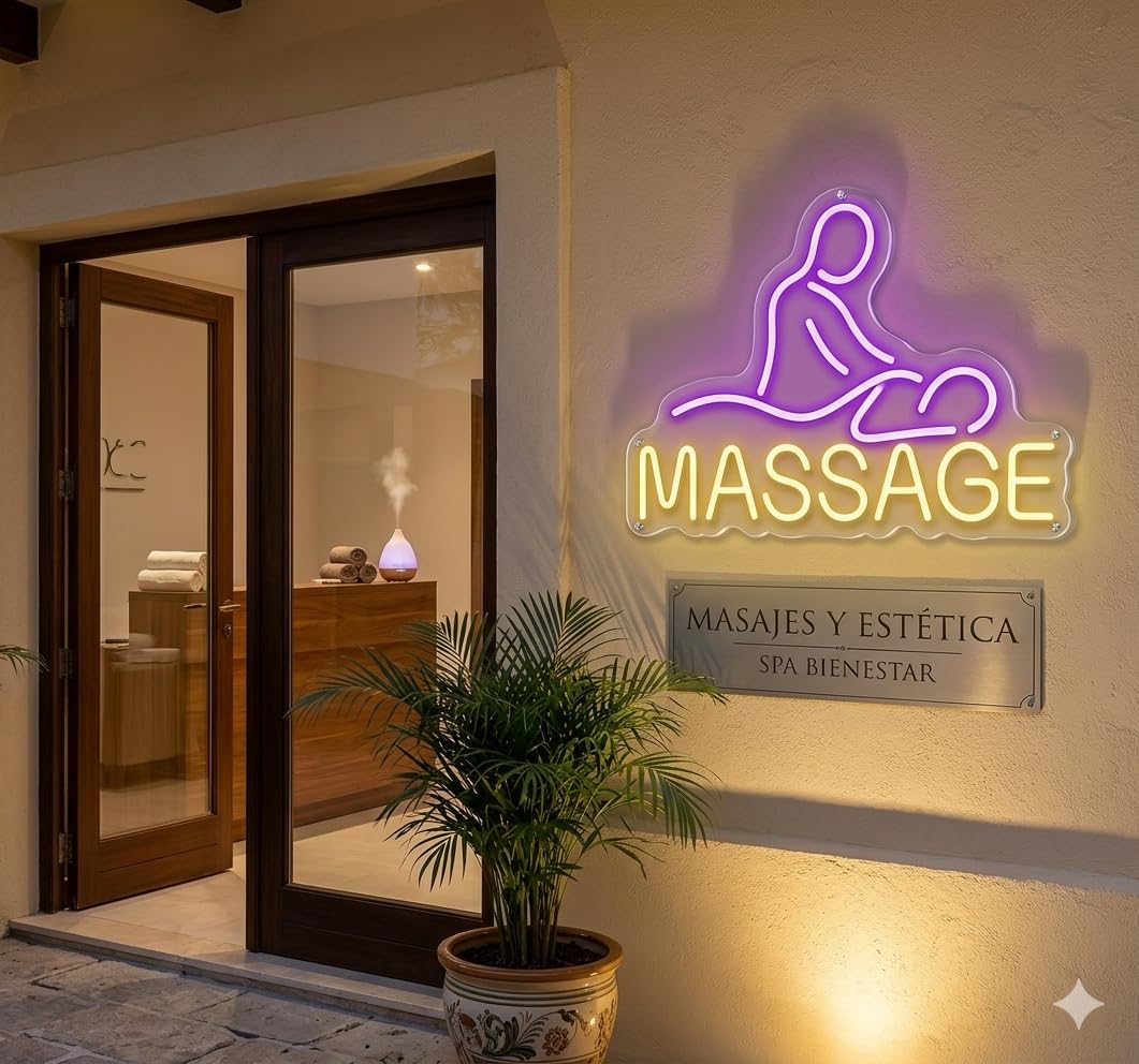 Letrero masage spa Cartel Luminoso LED Escaparate, Decoración de Pared en Metacrilato, Luz Brillante, aproximadamente 60cm alimentación 12v