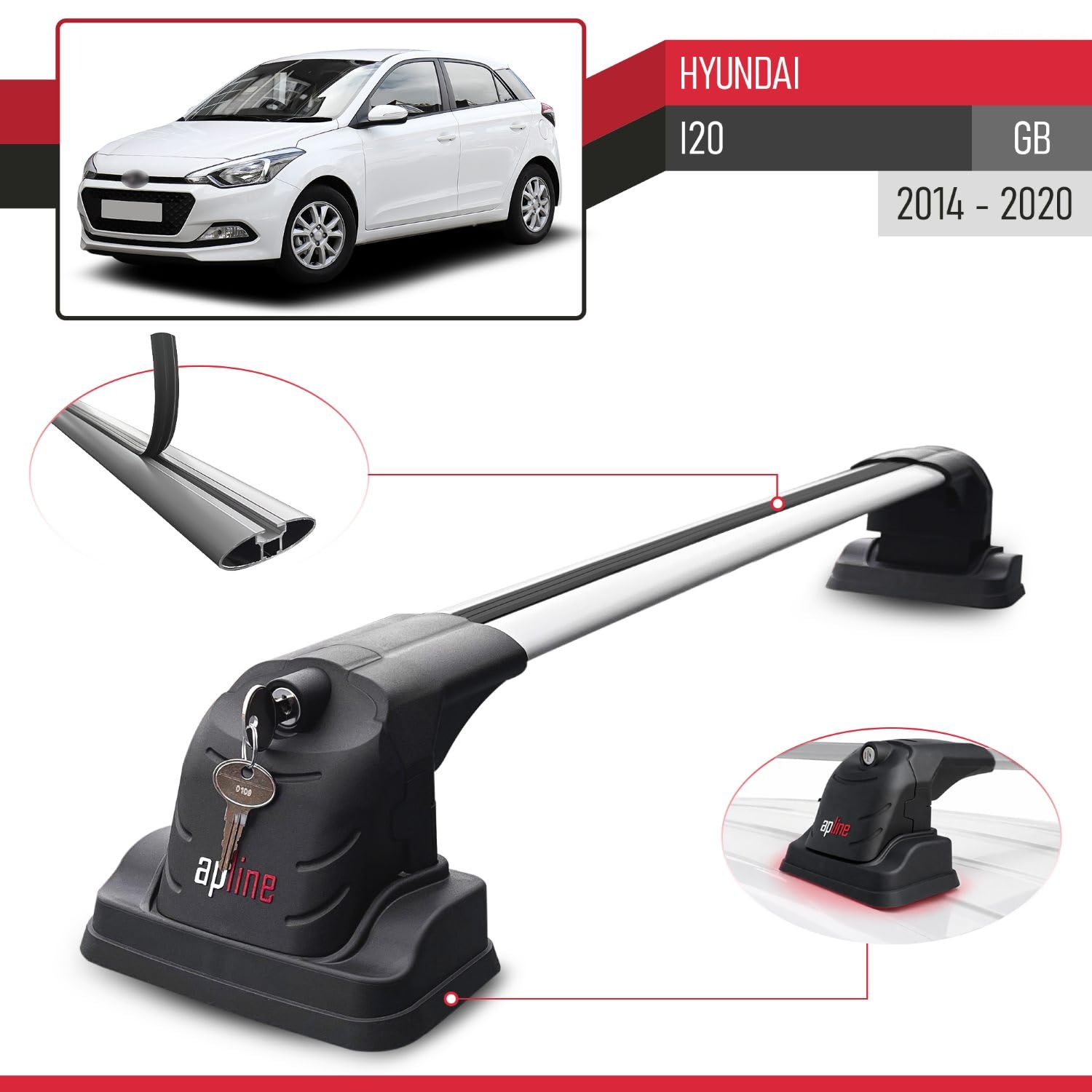 Compatible con Hyundai i20 (GB) 2014-2020 Modelo Ace-3 Barra de Techo Auto Portaequipajes Barras Transversales Gris Aluminio 2 Barras