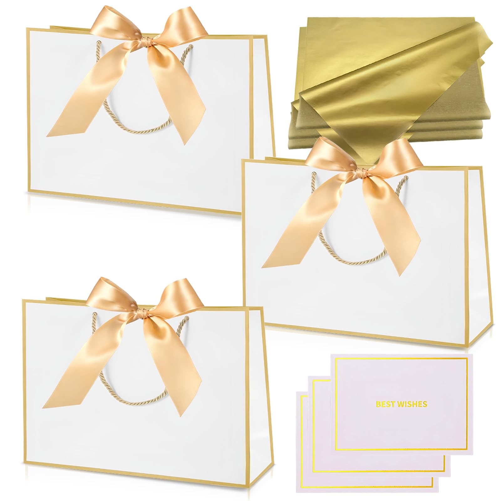 Medium White Gold Gift Bags for Present,Paper Party Bags with Handles,3Pcs Birthday Gift Bag with Ribbons 6 Tissue Paper 3 Cards for Girls Boys Women Men Bridesmaid Wedding Baby Shower Christmas โ image 1