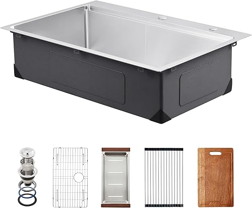 Miniatura 9 de VEVOR Fregadero de cocina de 33 pulgadas, fregadero de acero inoxidable 304 con montaje superior, lavabo de granja de un solo tazón con reborde y