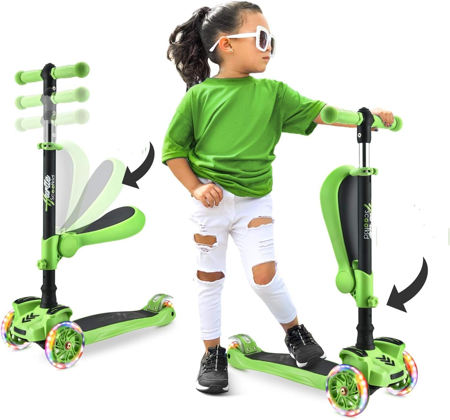 Hurtle 3-Wheel Tri Scooter for Kids - Ages 2-12, Flip-able Seat, Foldable, Flashing Lights, Adjustable Height