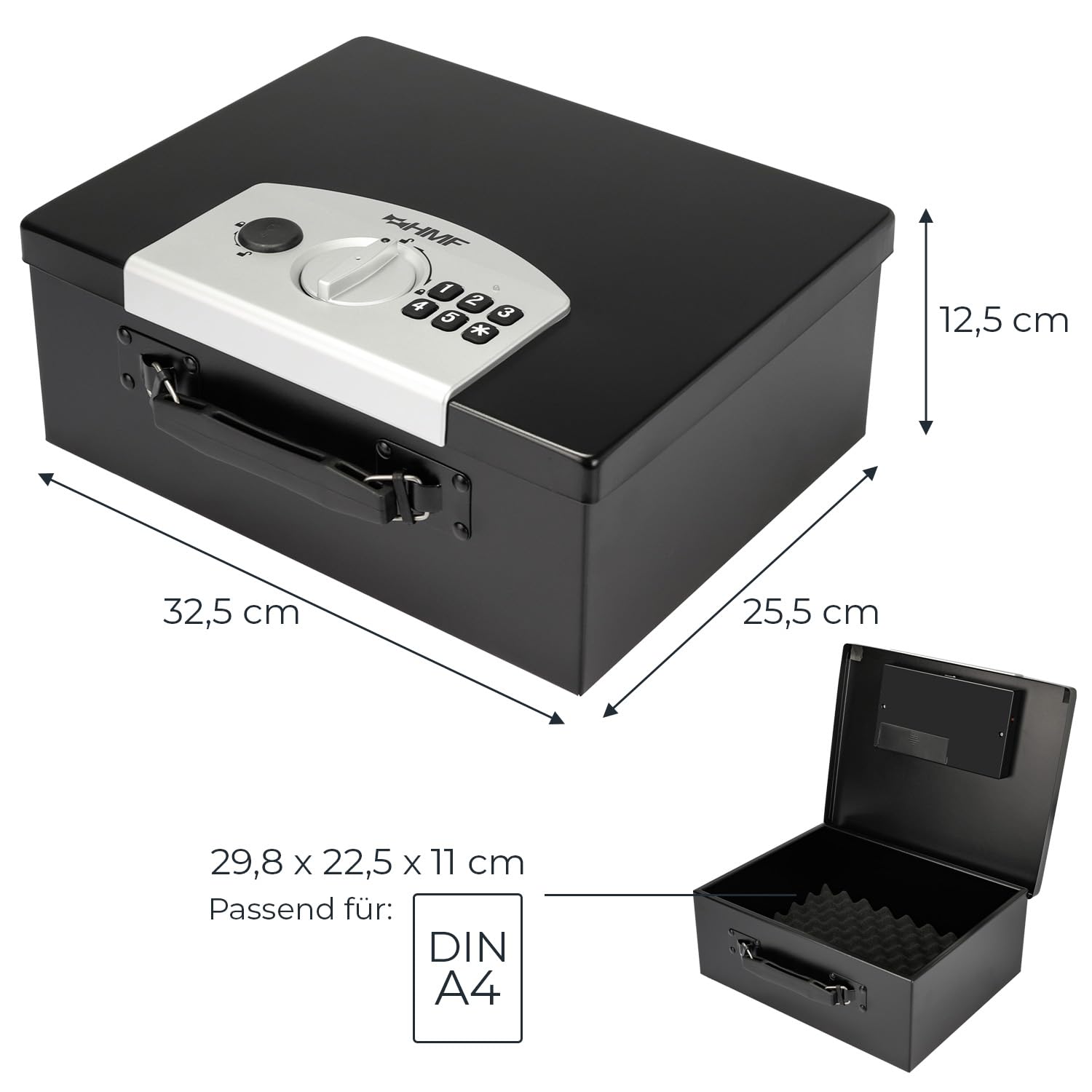 HMF 1006-02 Coffre-fort pour documents, Caisse à Monnaie verrou électronique, 32,5 x 25,5 x 12,5 cm, noir