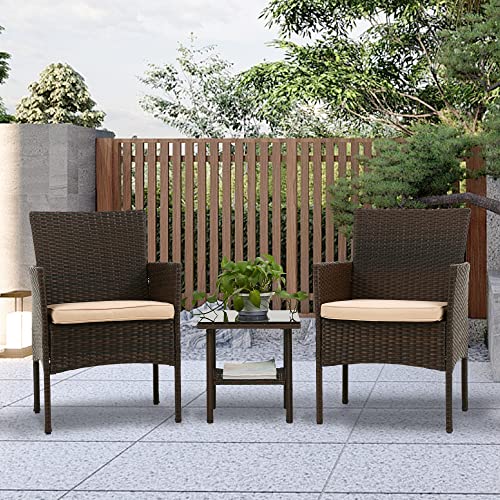 Fdw Patio Bistro Conversation Set Wicker Furniture 2 Rattan Chairs Cushions And Glass Coffee Table For Porch Lawn Garden Balcony Backyard, 3 Pieces, Brown And Khaki #TOP1