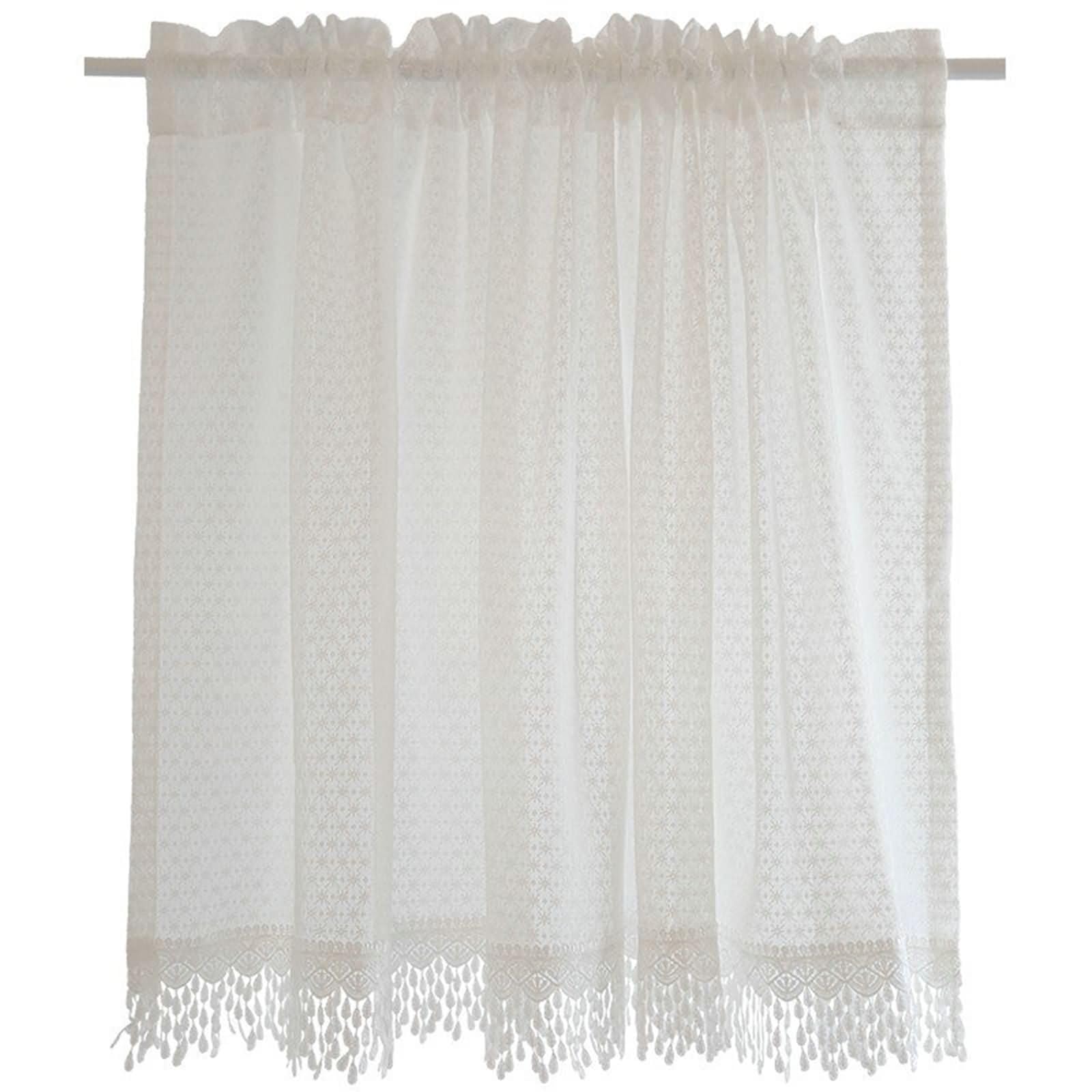 Zazdrostki do sypialni, zestaw 1 szt., 1 x 130 x 90 cm (wys. x szer.), zazdrostki w stylu wiejskim, białe, haftowane koronkowe wzory kwiatowe z frędzlami, zasłona z frędzlami