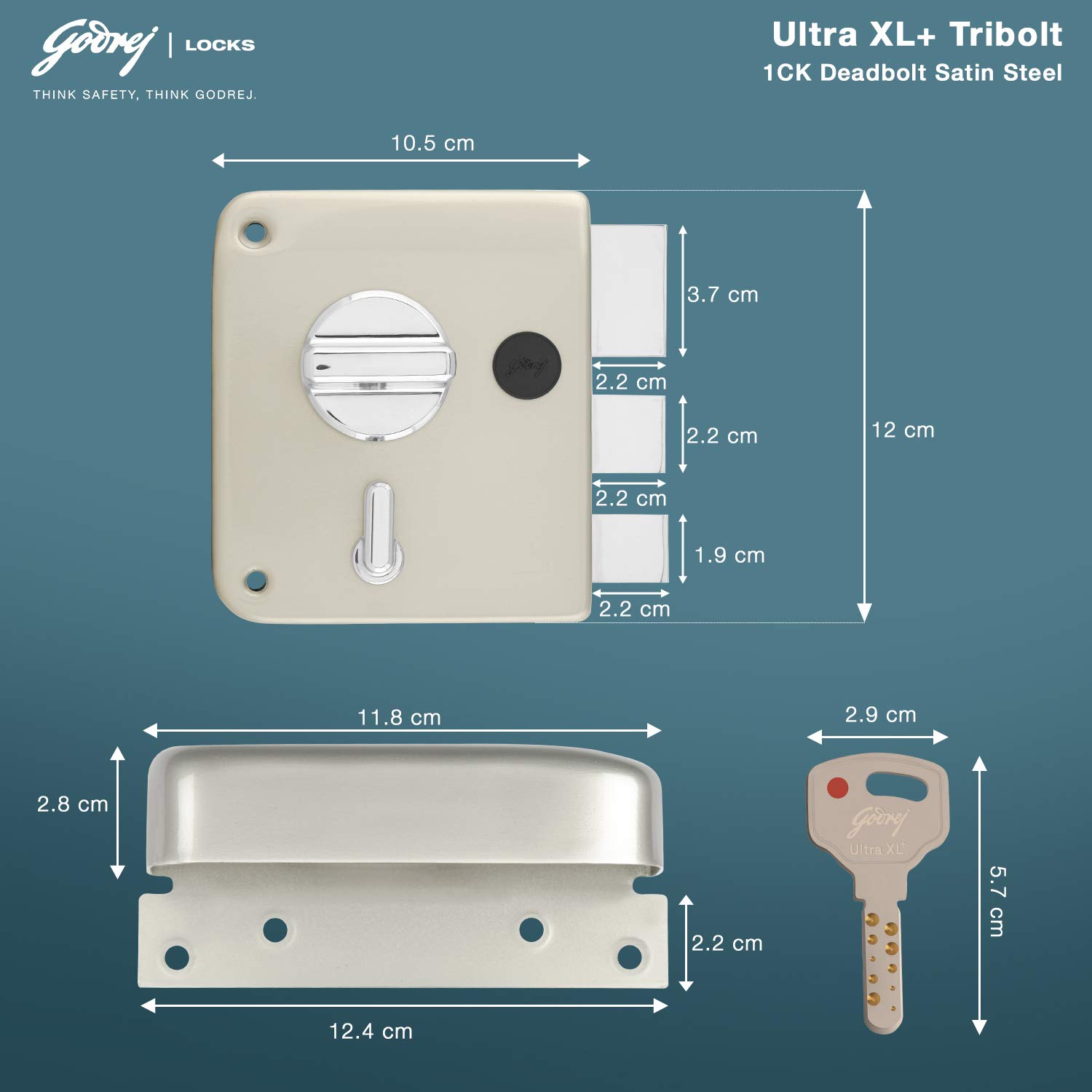 Godrej Rim Lock l Tribolt Ultra XL+ I 1CK Deadbolt l for Inside Opening, Double and Sliding Wooden Doors l Left/Right-Handed Doors l 4 Keys l 5 Year Warranty l Manual Locking I Satin Nikel Finish — Amazon image 6