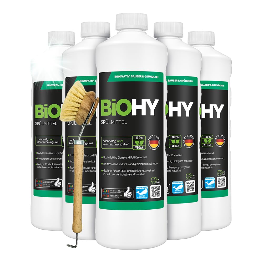 BiOHY Lavavajillas a mano (6 botellas de 1 litro) + Bomba dispensadora | Libre de fosfatos | libre de químicos dañinos y biodegradables | Adecuado para la restauración y el hogar (Spülmittel)
