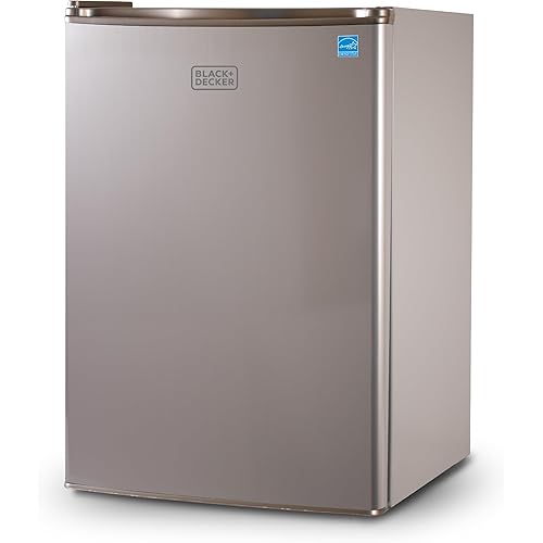 BLACK+DECKER 2.5 Cu. Ft. Compact Refrigerator, ENERGY STAR Certified, Single Door Mini Fridge with Chiller Compartment, Personal Fridge for Home or Dorm Room, R600a Refrigerant, BCRK25V,Stainless Look