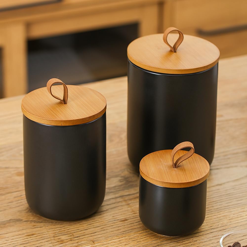 AYESCeramic Storage Jars with Airtight Bamboo Lid - Coffee Jar for Coffee Beans/Ground Coffee, Sealed Container for Food, Can for Tea, Spices (Set of 3)