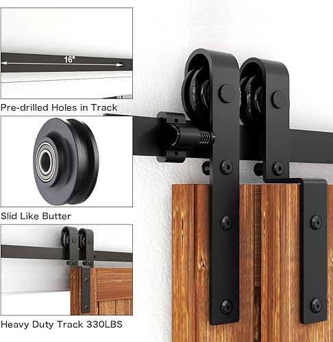 Miniatura 8 de Kit de herrajes para puerta corrediza de granero de 8 pies, accesorios de puerta corredera de modo de pista combinada, puertas de madera dobles