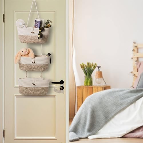 Miniatura 2 de Cesta organizadora de cuerda de algodón, 3 niveles para colgar en la pared, organizador de armario, cestas decorativas para organizar la sala de