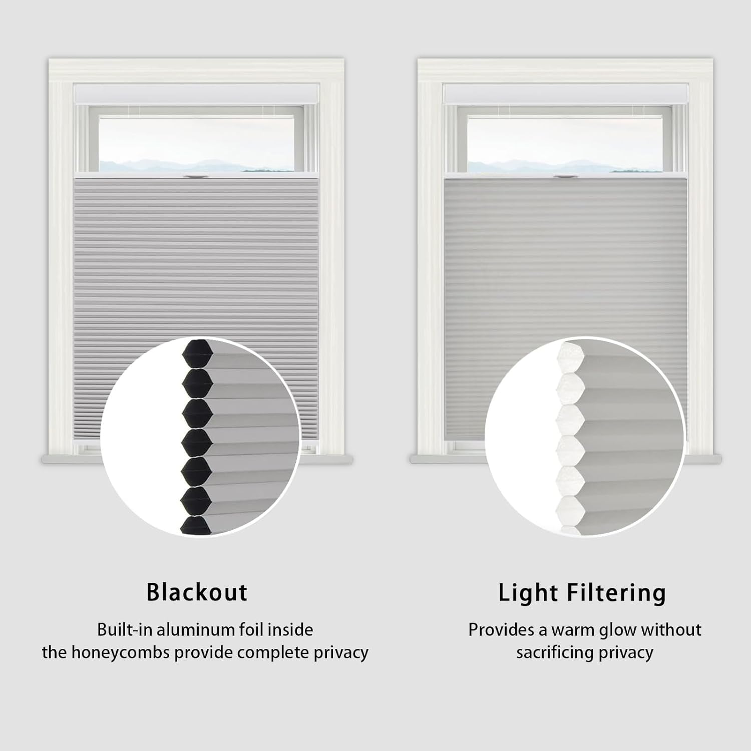 Cordless Honeycomb Cellular Shades with Top Down Bottom Up Easy to Install UV Protection Indoor Windows Thermal Insulated Noise Reduction Blinds, Light Filtering-Grey