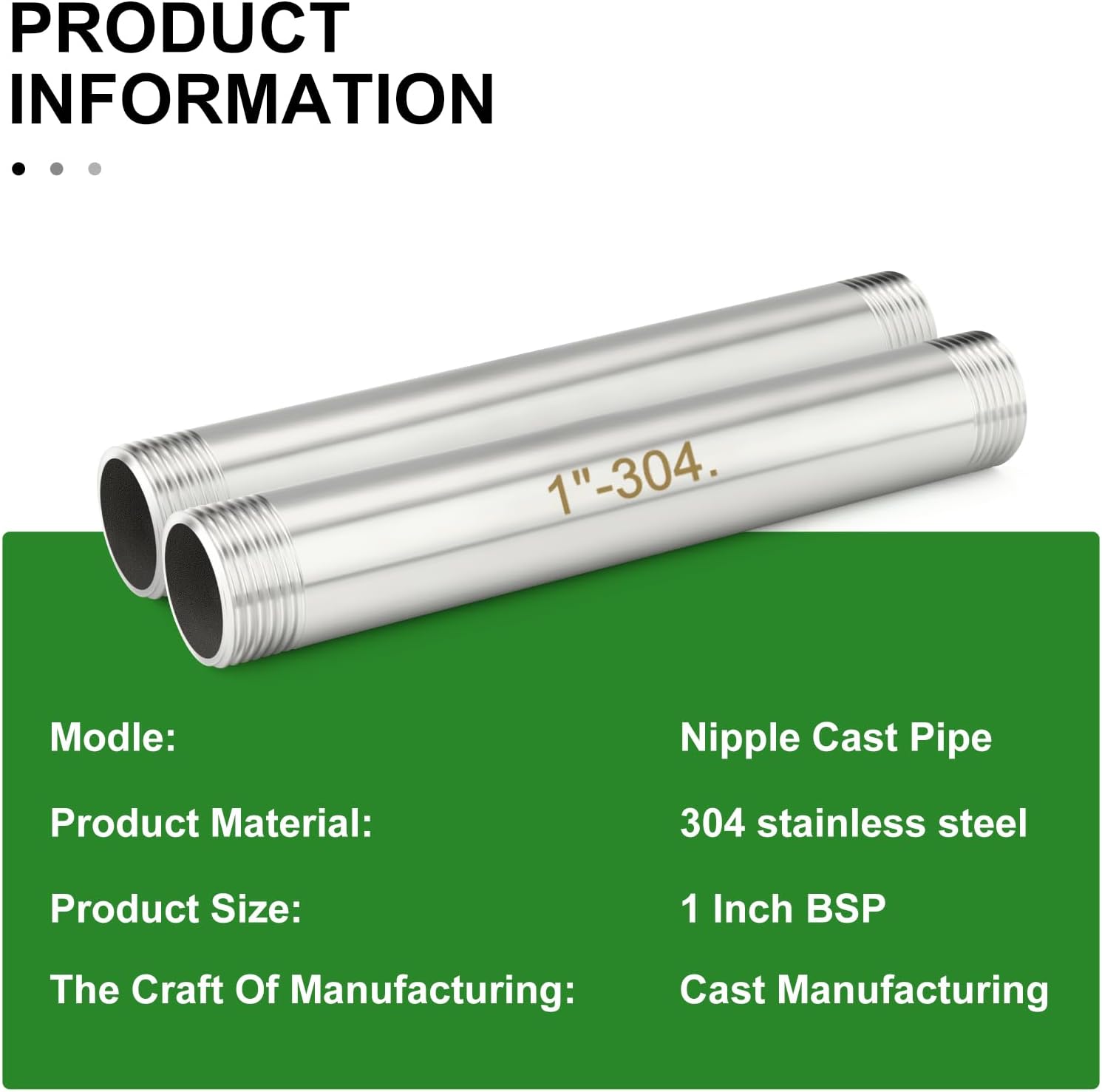 TAISHER 2PCS Stainless Steel Pipe Fittings, 1" BSP Male x 1" BSP Male Threaded, 8" Length Thickened Nipple Cast Pipe