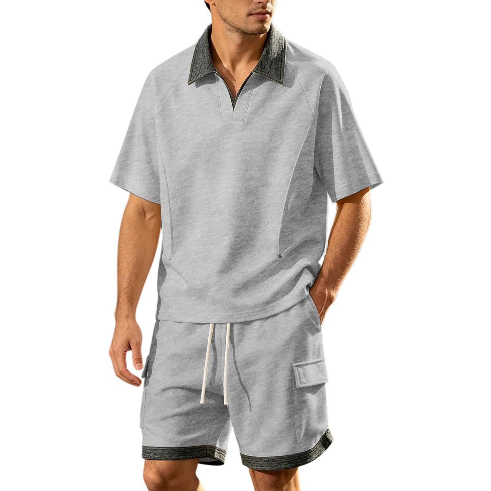 Tuta da jogging da uomo, due pezzi, polo e pantaloncini, con coulisse, estiva, per il tempo libero, abbigliamento sportivo, con risvolto, tuta da allenamento per attività all'aperto