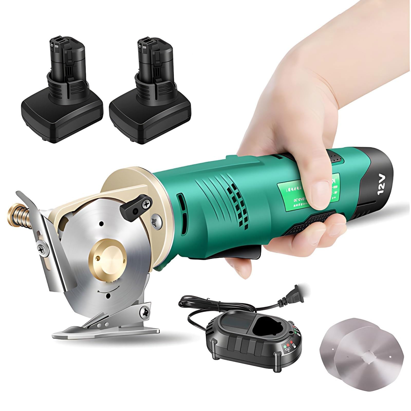 FHRKA Electric Fabric Scissors, Cordless Rotary with 2 Spare Cutting, Rechargeable Handheld Round Knife Cutting Machine (90mm)