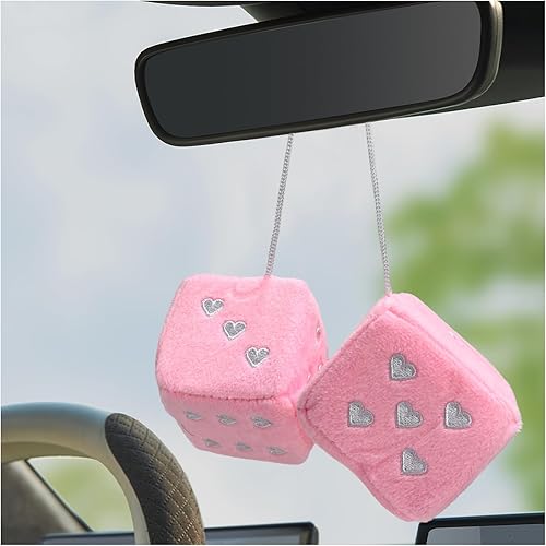 Miniatura 9 de 1 par de dados de felpa peludos para espejo de automóvil, dados retro cuadrados de 3 pulgadas con forma de corazón, dados retro de felpa para