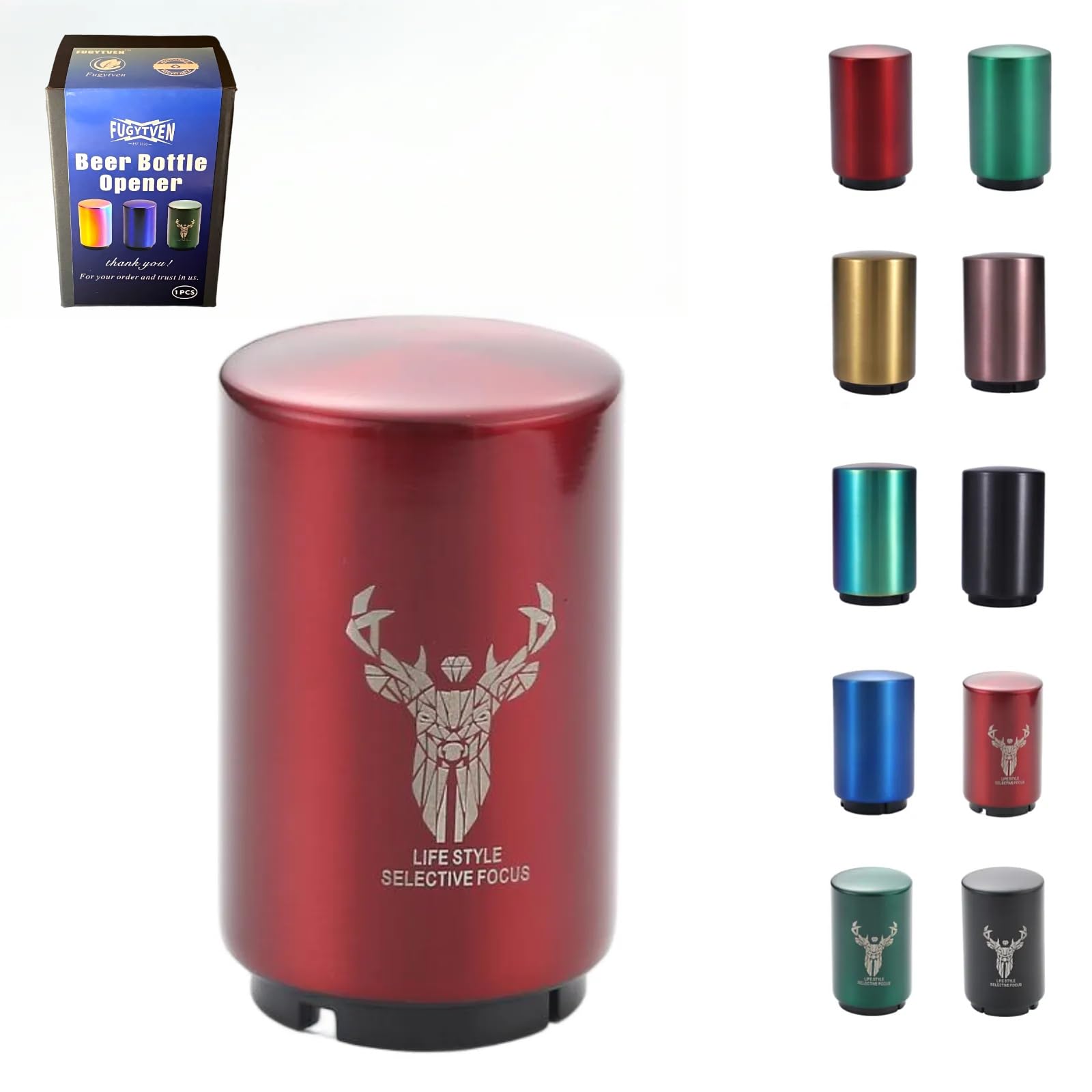 FUGYTVEN Push Down Bottle Opener | Automatic 304 Steel | One-Handed & No Damage | Beer/Soda Cap Remover & Magnet Catcher | Ultimate Gift for Men, Dad, Beer Lovers (Red Deer)