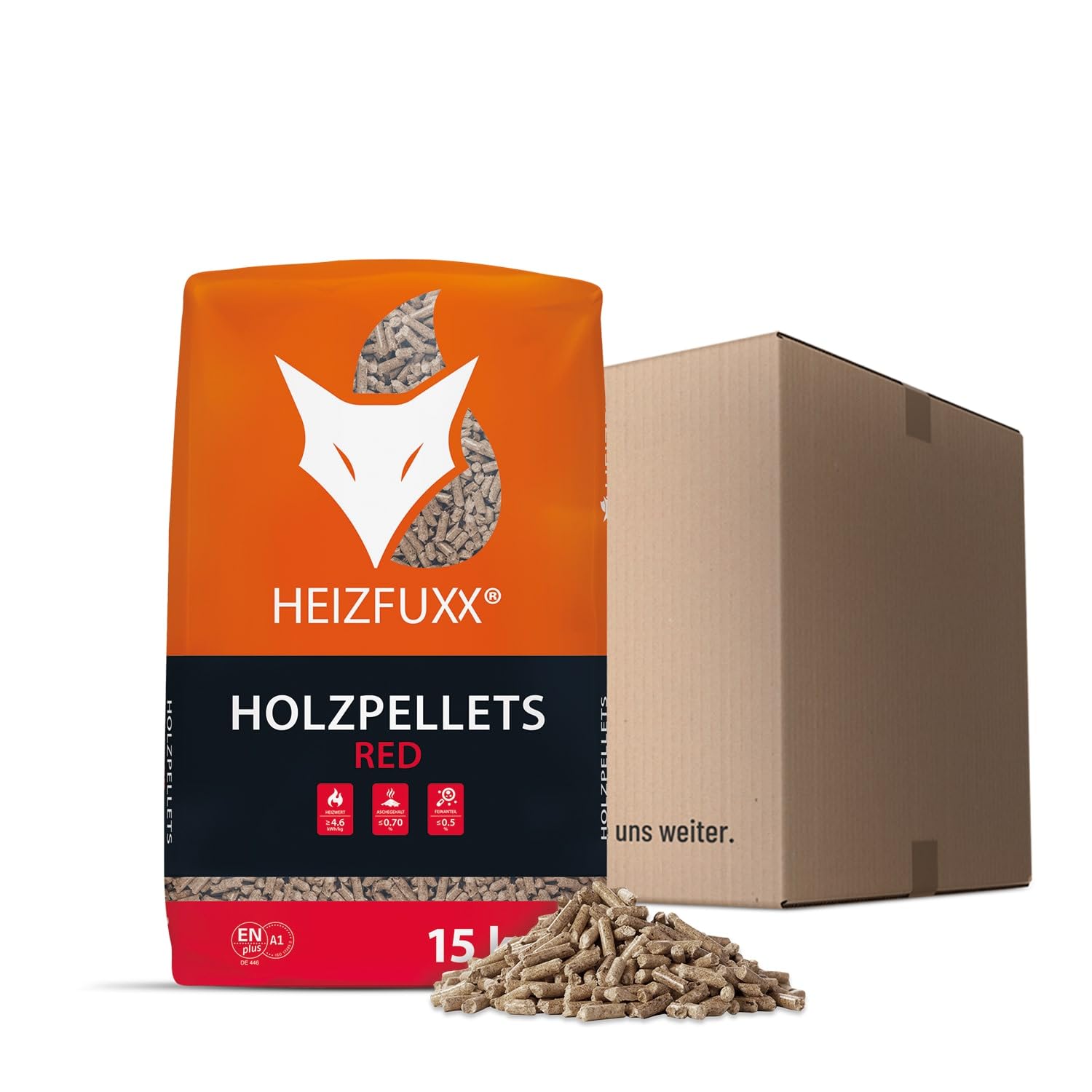 Holzpellets Red Sackware 15 kg - 6mm Hartholz Pellets mit hohem Heizwert & geringem Ascheanteil - Premium Heizpellets für Feuerrohr, Kamin, Ofen, Grill oder Smoker
