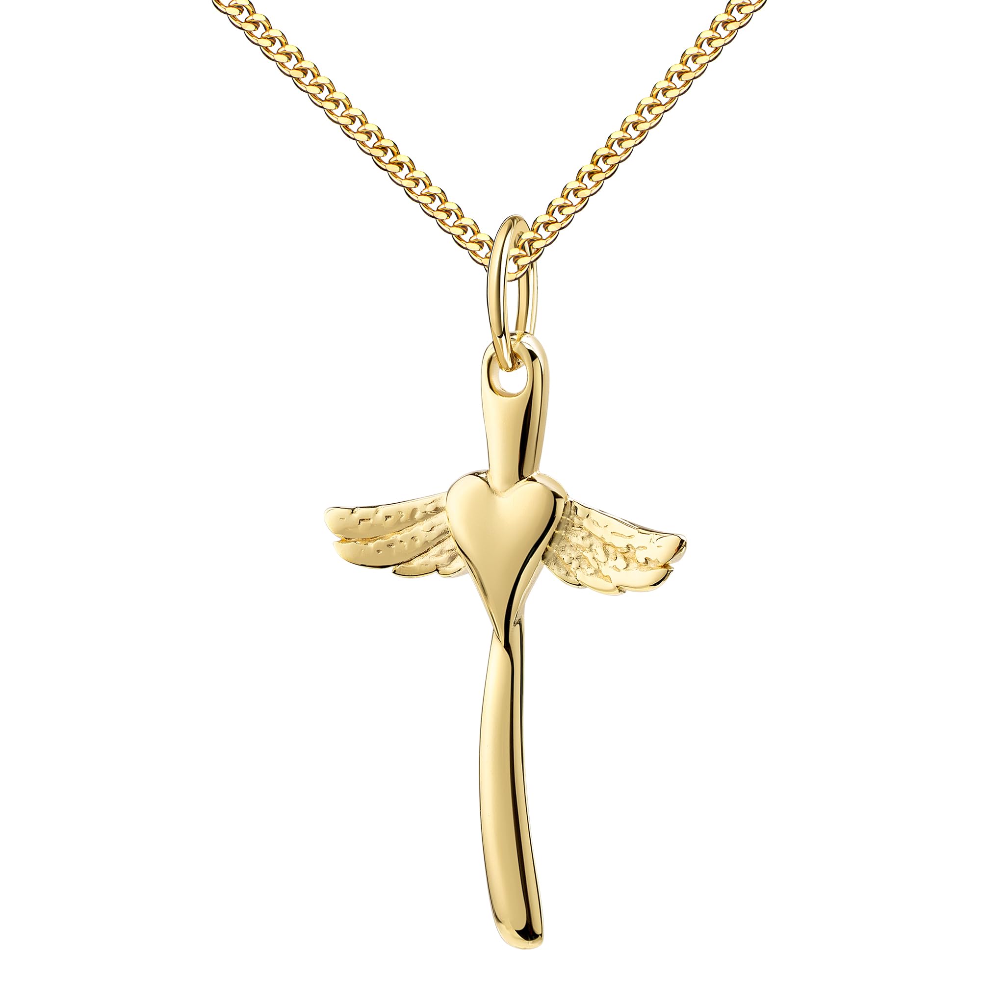 Kleiner Kreuz Anhänger Gold 333 mit Herz und Engelsflügeln Goldkreuz mit Halskette oder ohne Kette wählbar + Schmuck-Etui + Echtheitszertifikat
