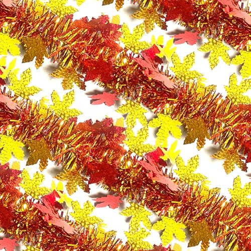 Image of 33Ft Thanksgiving Fall Tinsel Garland Shiny Hanging Coarse-Textured Red and Gold Maple Leaf Metallic Twist Garland Autumn Decor for Fall Party Door Tree Garlands Decorations - (Red & Gold)