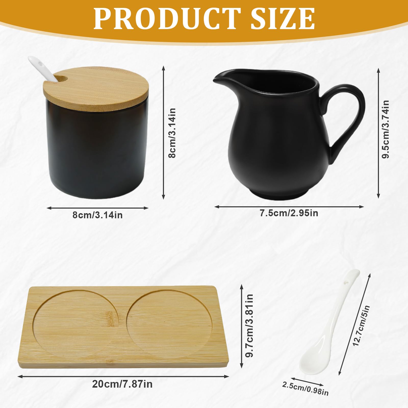 Juego de leche y azúcar con tapa y cuchara, jarra de leche de cerámica y azucarero con bandeja de madera, juego de azúcar para café, jarra de leche, apta para microondas y lavavajillas