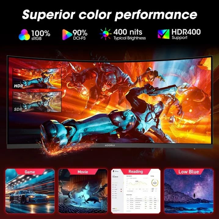 Image of KOORUI 34'' WQHD Curved Gaming Monitor, 180Hz Ultrawide Monitor, 3440x1440p 1ms(MPRT) HDR400, Black