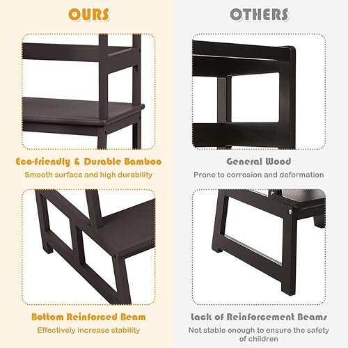 Miniatura 3 de Costzon Taburete de cocina para niños con riel de seguridad, taburete de cocina para niños pequeños con construcción de bambú macizo, soporte para