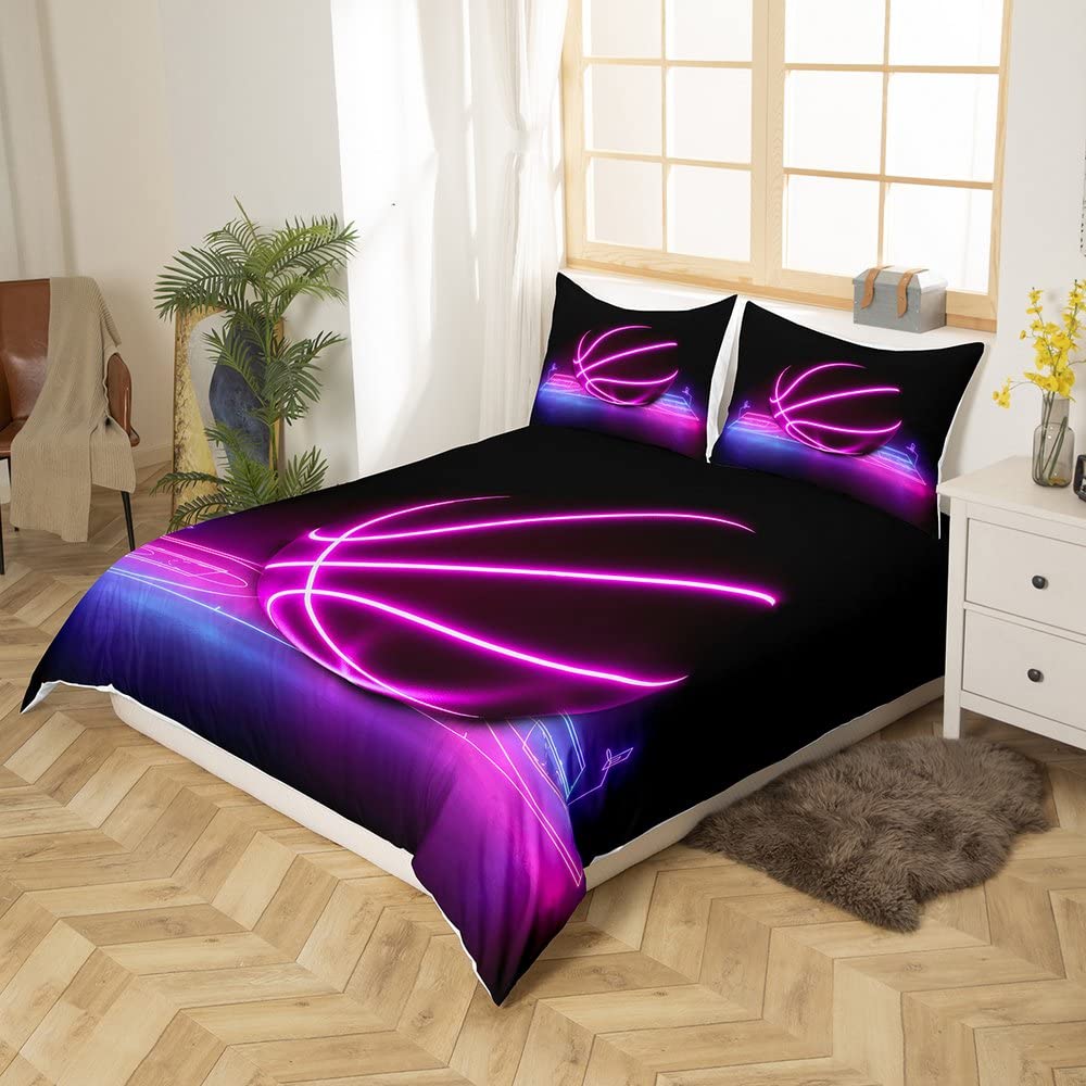 Juego de ropa de cama de baloncesto 140 x 200 para niños y niñas y niños funda nórdica para cancha de baloncesto degradado de neón, juego de ropa de cama de deporte, decoración azul y rosa para el