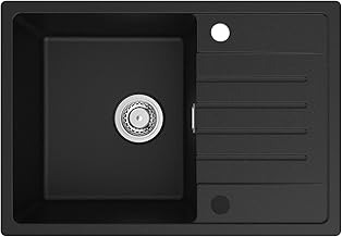 CECIPA Kitchen Sink with Draining Board 65 x 45 cm, Black Granite Sink, Kitchen Sink 1 Basin, Kitchen Sink with Reversible Installation and Classic Siphon and Overflow