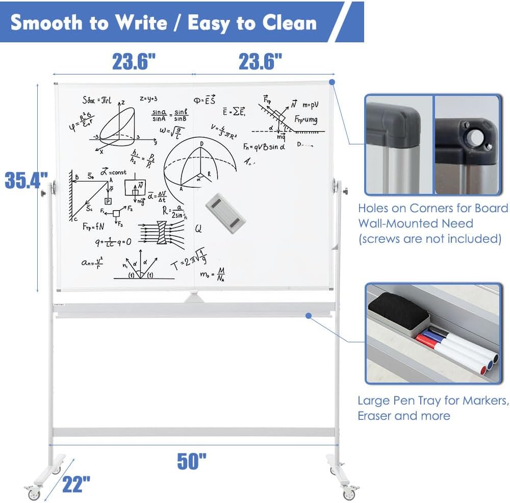FORTUNO Magnetic Mobile Whiteboard 48"x36", Rolling Double Sided Dry Erase Board with Stand, Reversible Adjustable Height/Angle Easel White Board on Wheels 4' x 3' for Office Classroom Home