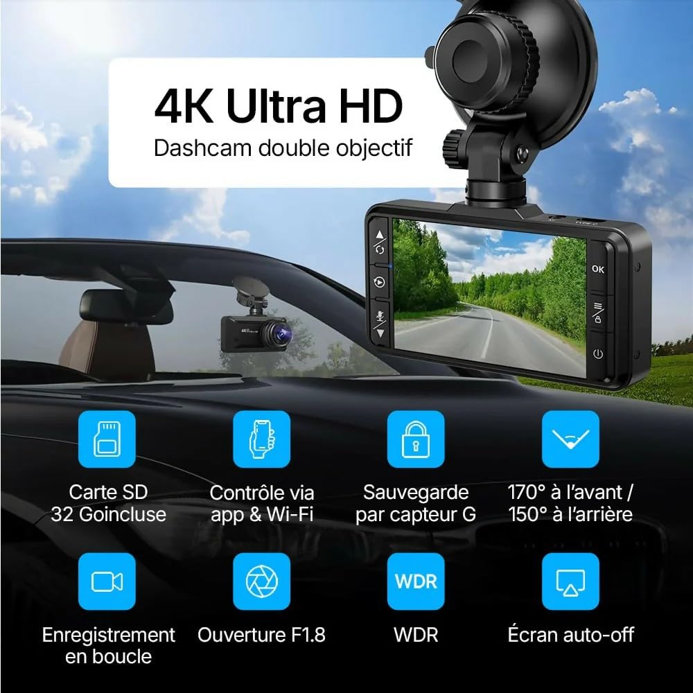Oryzom Dashcam 4K Pro – Enregistrement Ultra HD avec caméras Avant/arrière, Vision Nocturne et Surveillance 24h/24(Câble abaisseur 1080P+ACC)