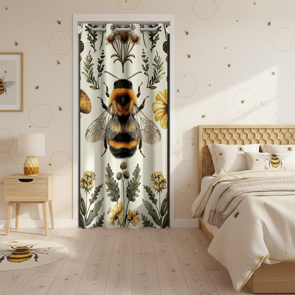 Honeybee Flowers Door Curtain Wild Bee Animal Mushroom Blackout Curtain for Doorway Living Room Retro Rustic Privacy Curtains Cover Kids Boys Girls Yellow Black Green Door Drape 34"×80" 1 Panel