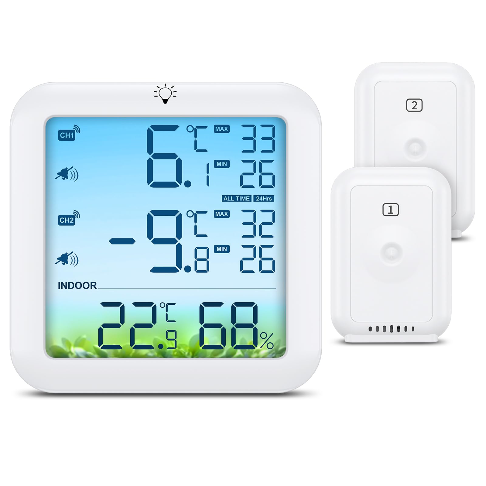 ORIA Digitale Kühlschrankthermometer, Digitale Gefrierschrank Thermometer mit 2 Sensoren, Farbdisplay, Max/Min Werte, Temperaturalarm, für Kühlschrank, Innen, Restaurant