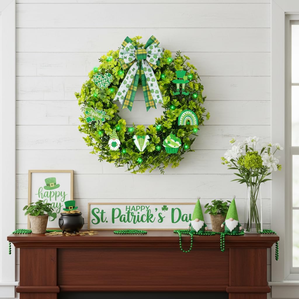 20" St. Patrick's Day Wreath with 20 LED Lights & 10 Detachable Signs -Artificial Shamrock Wreath for Front Door, Includes Hanger & Bow -All-in-One Irish Lucky Ornament Kit for Spring Homez