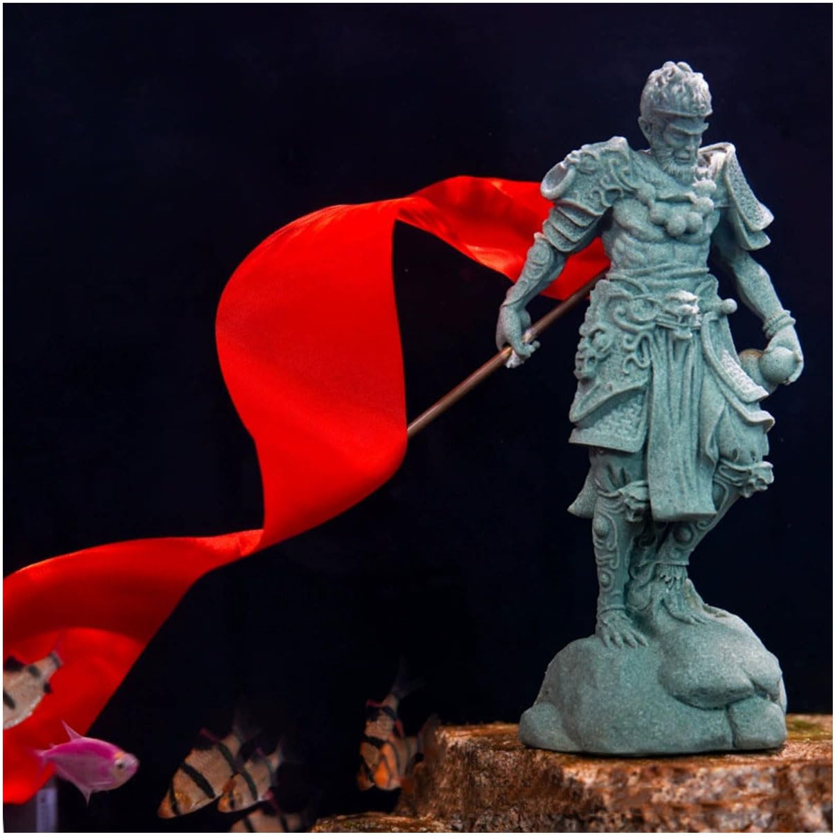 livelyfish Aquarium Monkey King Statue Standing Sun Wukong Figurine Sandstone Decorative for Fish Tank Garden Decor (M)