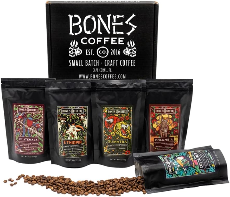 Bones Coffee Company NEW World Tour Sample Pack, Single-Origin Flavored Coffee Medium Roast Arabica Beans Specialty Coffee Gifts Compatible Auto Drip and French Press, 4 oz Pack of 5 Whole Bean