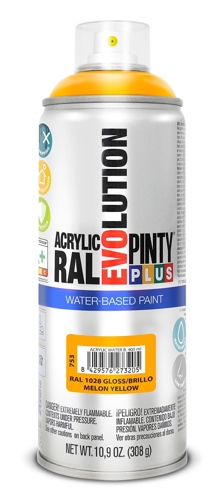 Pinty Plus Melon Yellow Ral 1028 Evolution Water-Based Spray Paint 520Cc Ral 1028 Melon Yellow