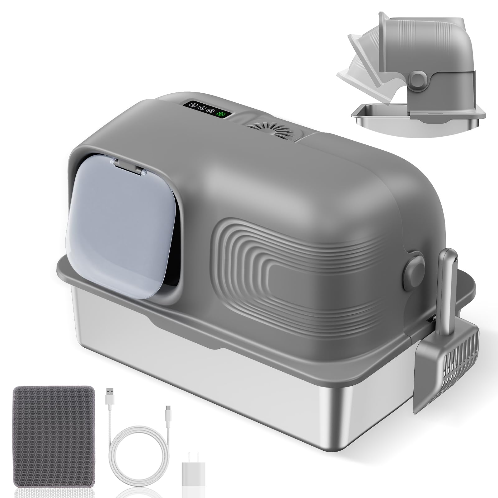 Stainless Steel Litter Box for Cats – Enclosed Cat Litter Box with Flip-Top Lid, 65L Extra-Large Capacity, Patented Odor Control Technology, Leak-Proof Design, Includes Scoop & Mat, Easy to Clean