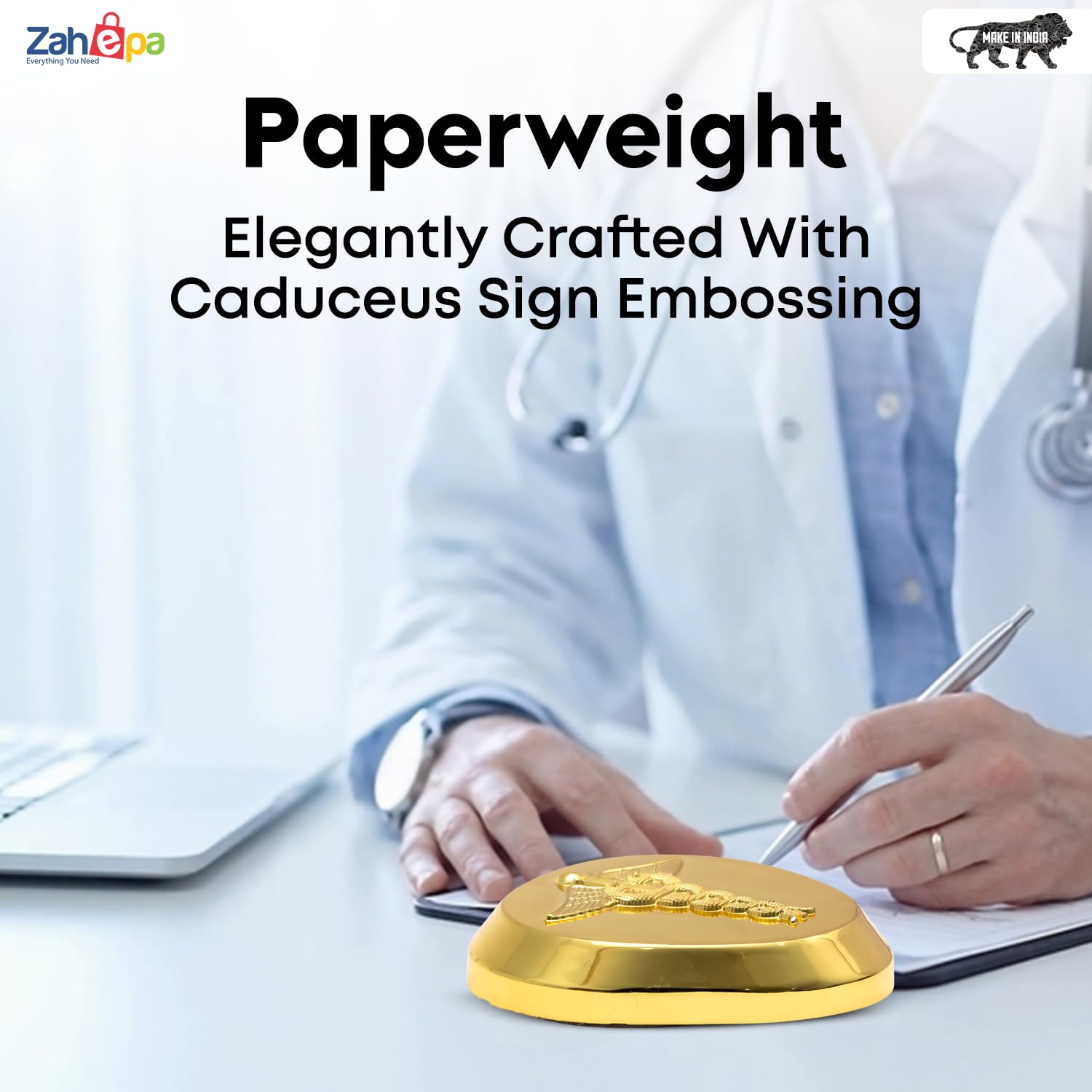 ZAHEPA Caduceus Metal Paperweight for Doctor Desk, Medical Paper Holder for Hospital Office Table, Gold Desktop Decor Accessory, Stylish Professional Gift for Doctors, Medical Professionals & Men 1