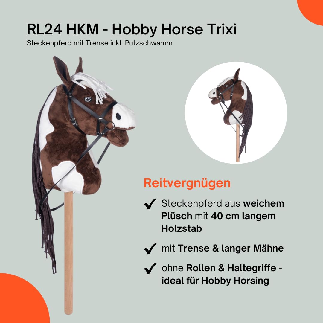 RL24 HKM - Hobby Horse Trixie inkl. Putzschwamm – Steckenpferd mit Trense – Spielpferd aus Plüsch mit Holzstock & Langer Mähne – Stockpferd ohne Griffe & Rollen – braun/weiß