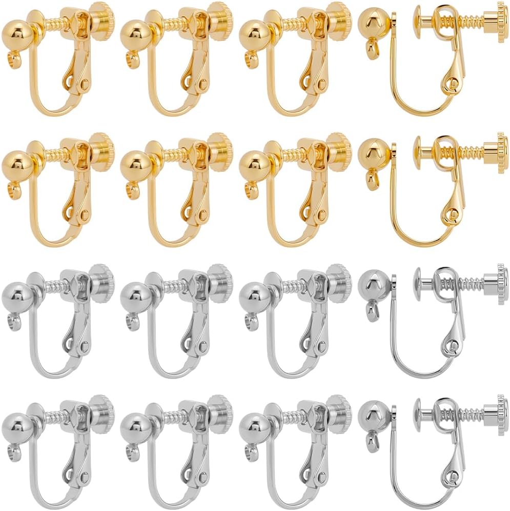 Beebeecraft 28Pcs 2 Colors Clip-on Earring Findings Screw Back 18K Gold Plated Stainless Steel Clip on Earring Converters Components with Loop for Non-Pierced Ears Women Jewelry Making
