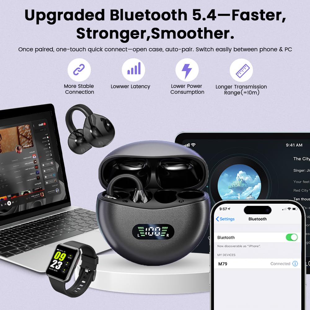Auricolari a clip, senza fili, Bluetooth 5.4, con microfono e batteria 60H, impermeabili, per sport, corsa, orecchie piccole e occhiali, allenamenti