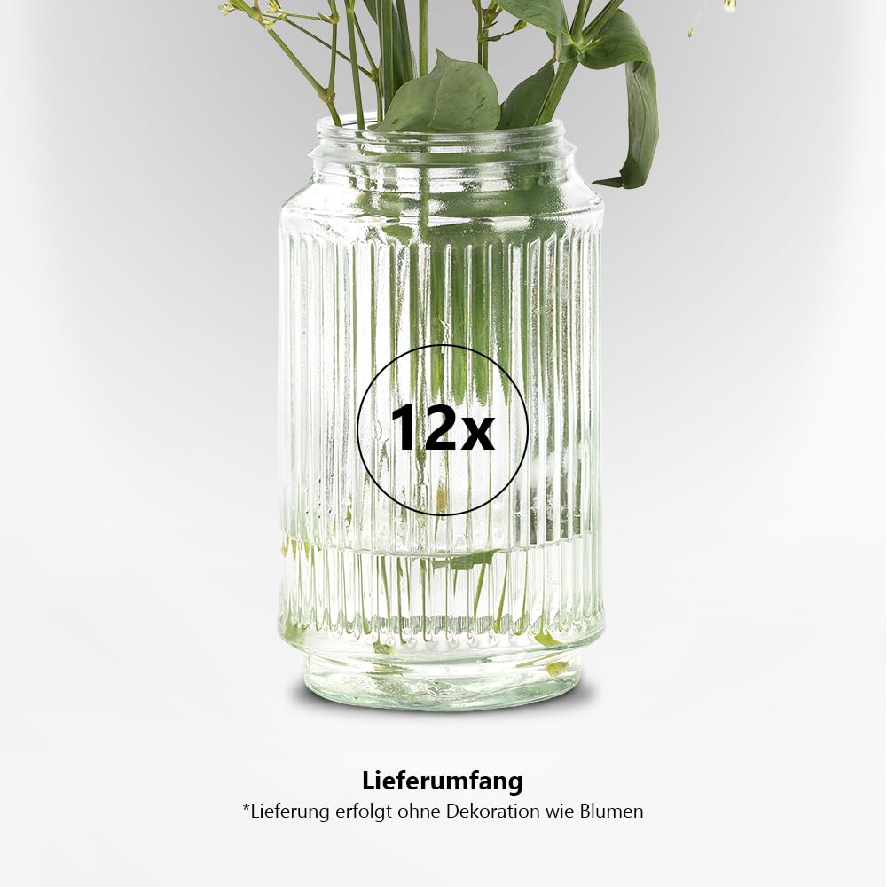 Giessle® 12 Stück gerippte Glaszylinder (transparent-grün) Zylinder Glas Vase 15,5cm Blumenvase Zylindergläser Vintage Zylindervase