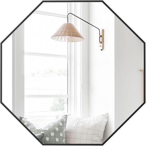 Espejo de pared octágono para decoración de 24 x 24 pulgadas, espejo de baño negro colgante de madera rústica con marco para pared, espejo
