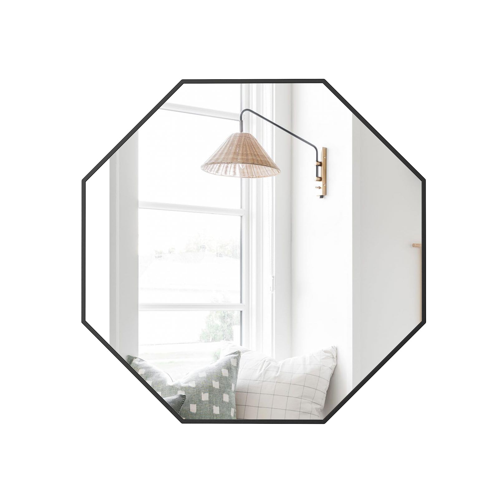 Octagon Wall Mirror for Decor 24"x24" Black Bathroom Mirror Hanging Rustic Wood Framed Mirror for Wall Large Decorative Vanity Mirror for Living Room Bedroom