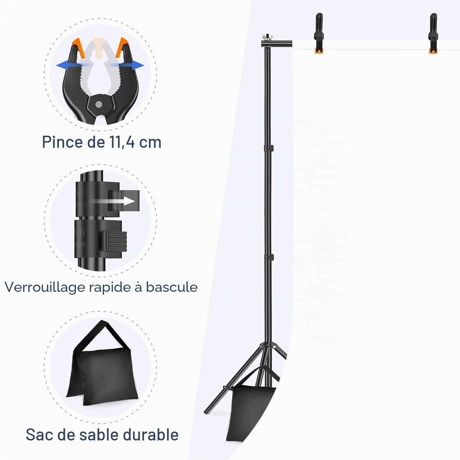 EMART Support Fond Photo, 2x3m de Support Toile de Fond Réglable avec 8 Pinces, 2 Sacs de Sable et Sac de Transport pour Studio Photo, Vidéo, Fête, Mariage