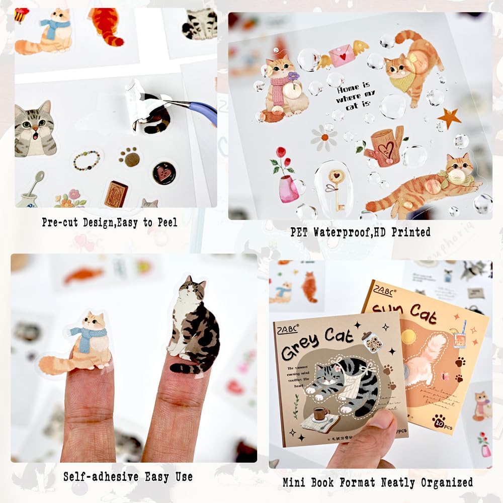 Cute Cat Journaling Stickers Book, Clear PET Sticker Booklets, 40 Sheets Diecut Stickers, 3.15x3.15 Inches, Transparent Waterproof Collage Stickers for Scrapbooking, Bujo, Planner