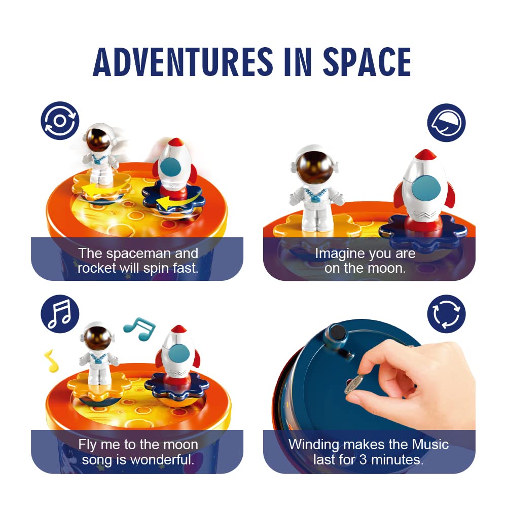 WEofferwhatYOUwant Caja de Música Espacial Infantil – Astronauta y Cohete Giratorios – Melodía Fly Me to the Moon – Sin Pilas – Tarta Cumpleaños – Regalo Niños Navidad Fiesta Decoración Lunar